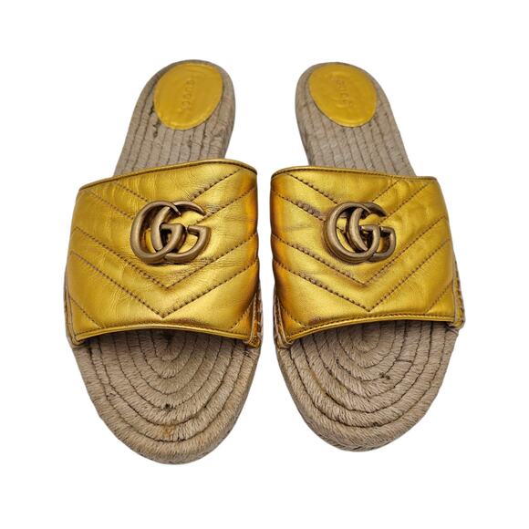 Gucci GG Quilted Leather Espadrille Flat Slide Sandal Size 41 US 11 Gold Leather - Picture 2 of 11